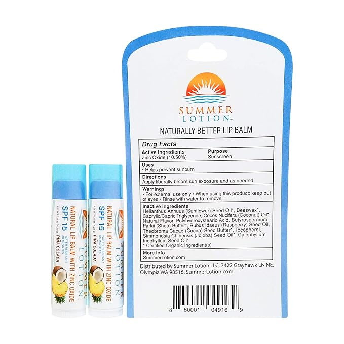 Natural Lip Balm with Zinc Oxide Sunblock by Summer Lotion, SPF 15 Lip Sunscreen 2-Pack, Water Resistant Chapstick, SPF Lip Protection for Everyone, (Pina Colada)-VivaGrace Women