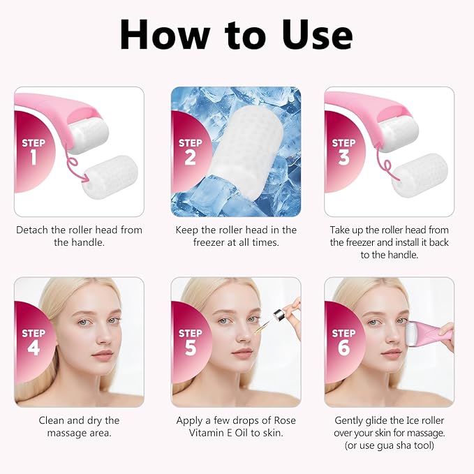 Ice Roller for Face & Eye, Vitamin E Rose Oil & Gua Sha Set, Gua Sha Oil for Face & Body, Reduces Puffiness Relieves Migraines Skin Care Tools, Facial Massager Tool & Self Care Gifts for Women-VivaGrace Women