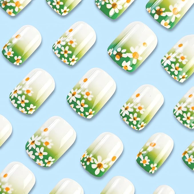 Small Flower Press on Nails Short Square Fake Nails Full Cover White Daisy Gradient Green Glue on Nails Short Spring Summer Stick on Nails Glossy Acrylic False Nails Glue on Nails for Women