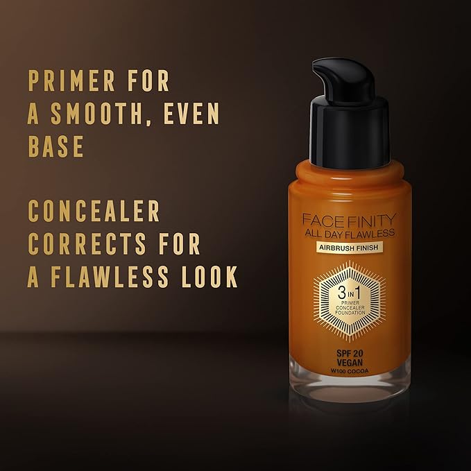 Max Factor Facefinity All Day Flawless 3 In 1 Foundation SPF 20, No. 100 Sun Tan-VivaGrace Women