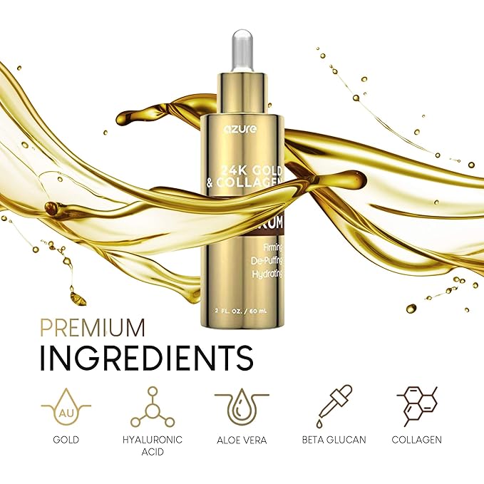 AZURE 24K Gold & Collagen Anti Aging Eye Serum - Firming, De-Puffing & Hydrating | Reduces Wrinkles, Fine Lines & Under Eye Bags | Minimize Signs of Aging | Made in Korea - 60mL-VivaGrace Women