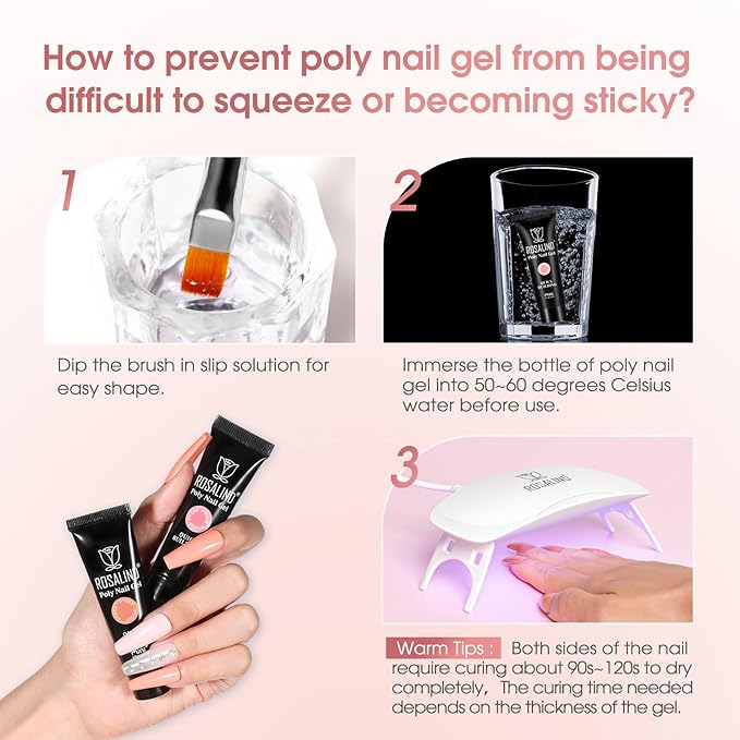 ROSALIND 12PCS Pink Brown Poly Nail Gel Kit with Mini Nail Lamp White Glitter Pink Poly Extension Gel Set-VivaGrace Women