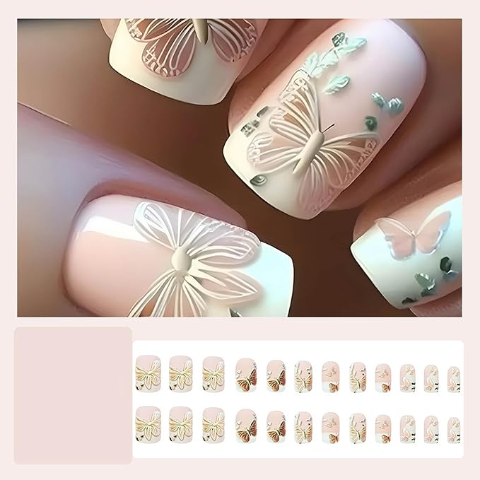 Square Press on Nails Medium Fake Nails White French False Nails with Butterfly Designs Spring Nail Press ons Full Cover Glue on Nails Artificial Nails Cute Stick on Nails for Women 24Pcs