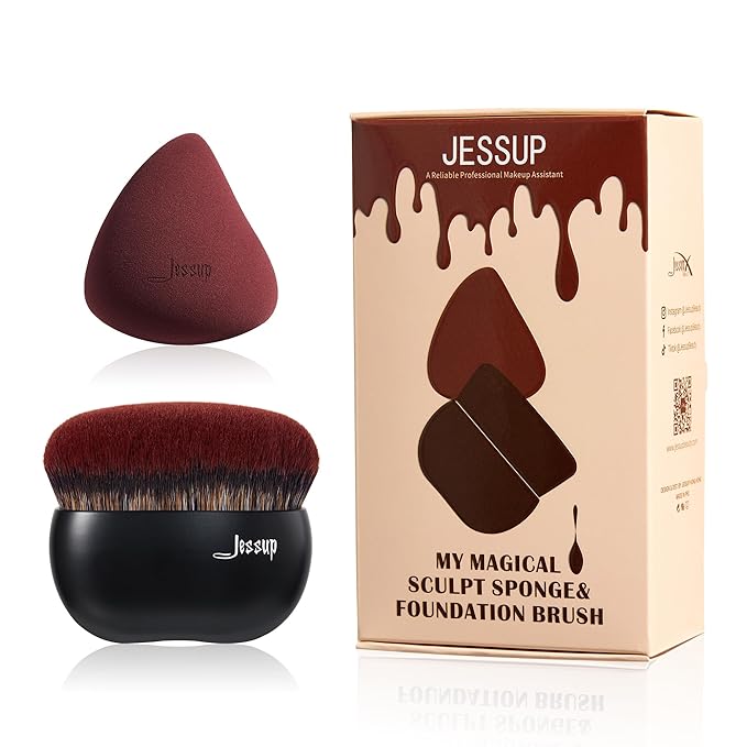 Jessup Foundation Brush with Makeup Sponge, Black Makeup Brush Flat Top Kabuki Brush for Liquid Blending Stippling, T881-VivaGrace Women
