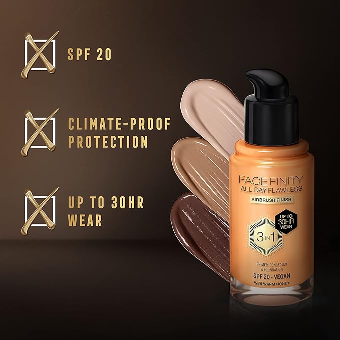 Max Factor Facefinity 3-in-1 All Day Flawless Liquid Foundation, SPF 20-78 Warm Honey, 30 ml-VivaGrace Women