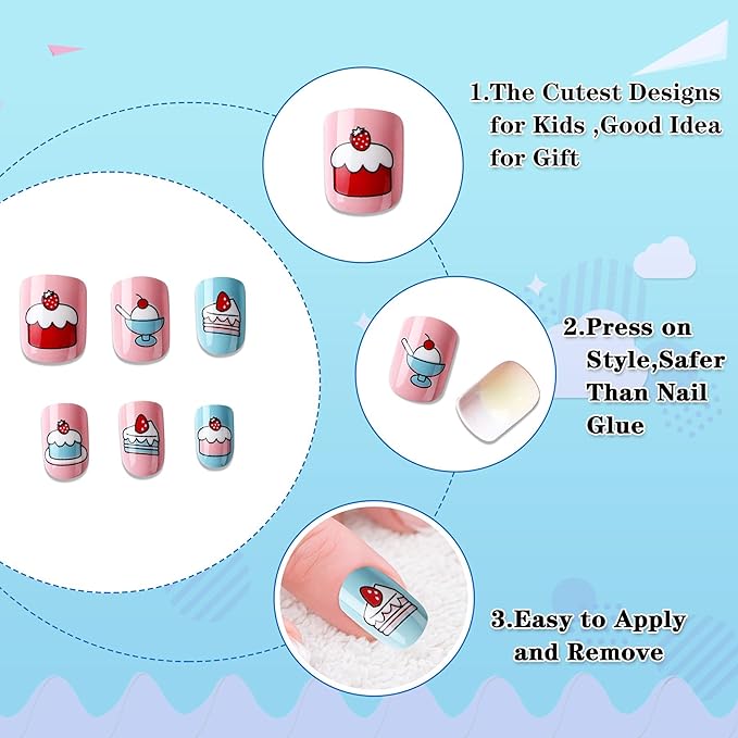 JANYUN 96 Pcs Kids False Nail Stick on Nails Kids Full Cover Short False Nails Children Nail Tips Lovely Gift for Kids Little Girls Nail Art Decoration (Fruits Color)