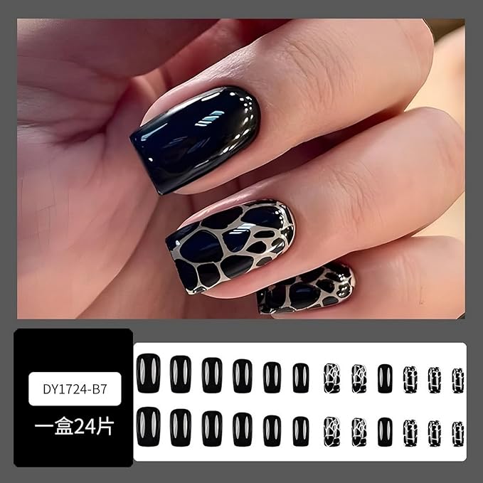24 Pcs Black Press on Nails Short Square Shaped Fake Nails with Leopard Design Glossy Reusable False Nails Full Cover Acrylic Nails Stick on Nails for Women Nails Manicure Decoration