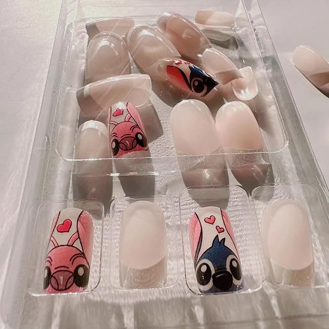 French Tip Press on Nails Short Square Cute Fake Nails with Cartoon Design French Nails Tips Full Cover Glossy Stick on False Nails for Women Party DIY Decor 24Pcs