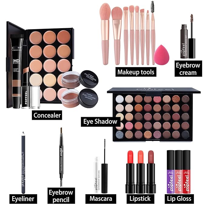 MAEPEOR All In One Makeup Kit for Girls Women 27 Piece Full Makeup Gift Set with Eyebrow Pencil Eyeliner Eyeshadow Palette Mascara Foundation Concealer Lip Gloss Lipstick Makeup Remover Makeup Brush (POP004B)-VivaGrace Women