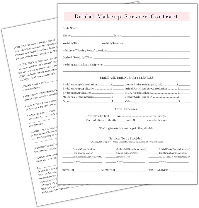Bridal Makeup Service Contract | 100 Pack | 8.5 x 11" A1 Forms | Makeup Artist Supplies | Bridal Contract | White and Pink Forms-VivaGrace Women