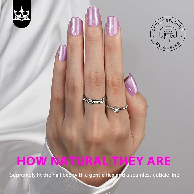 KQueenest Thick Cat Eye Gel Nails Press ons, Glitter Press on Nails Short Square, Sparkle Bling Fake Acrylic Nails Glue on Short, Shiny and Cute Small False Nails with Design Manicure 30 Pcs, Lilac