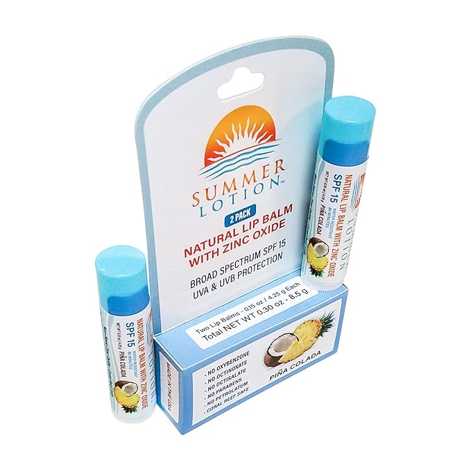 Natural Lip Balm with Zinc Oxide Sunblock by Summer Lotion, SPF 15 Lip Sunscreen 2-Pack, Water Resistant Chapstick, SPF Lip Protection for Everyone, (Pina Colada)-VivaGrace Women