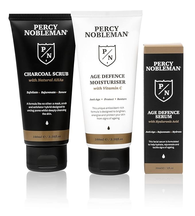 Percy Nobleman Age Defence Kit, a men's skincare set containing Charcoal Face Scrub (with Natural AHAs), ultra-hydrating Facial Serum (with Hyaluronic Acid), and Moisturiser (with Vitamin C)-VivaGrace Women