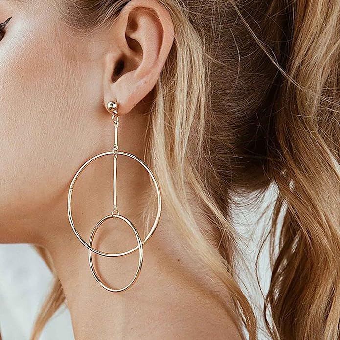 Vintage Hollow Circle Dangle Earrings Exaggerated Circle Drop Earrings Large Circle Hoop Earrings Gold Bar Earrings Jewelry for Women-VivaGrace Women