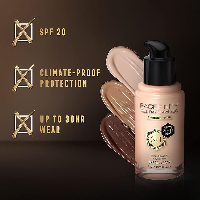 Max Factor Facefinity 3-in-1 All Day Flawless Liquid Foundation, SPF 20-10 Fair Porcelain, 30 ml-VivaGrace Women