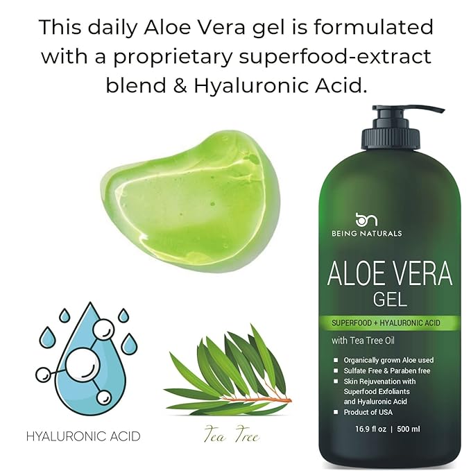 Aloe vera Gel - from 100% Pure Organic Aloe - Natural Raw Moisturizer for Face, Body, Hair. Perfect for Sunburn, Acne, Razor Bumps 16.9 fl oz (Tea Tree, Superfood, Hyaluronic Acid)-VivaGrace Women