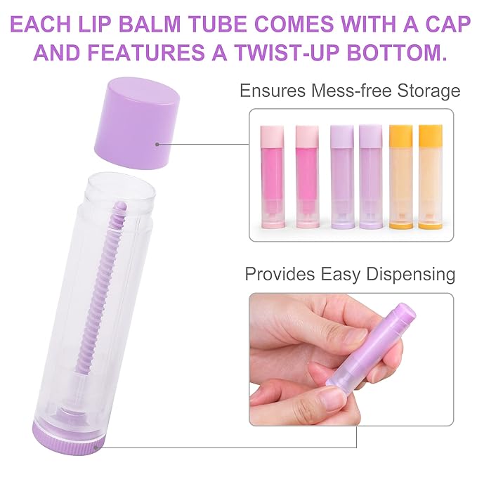 LotFancy Lip Balm Tubes Empty, 60PCS 5.5ml (3/16 Oz), Clear Lip Balm Container Tubes with Purple Caps, BPA Free & Leak Free, Refillable-VivaGrace Women