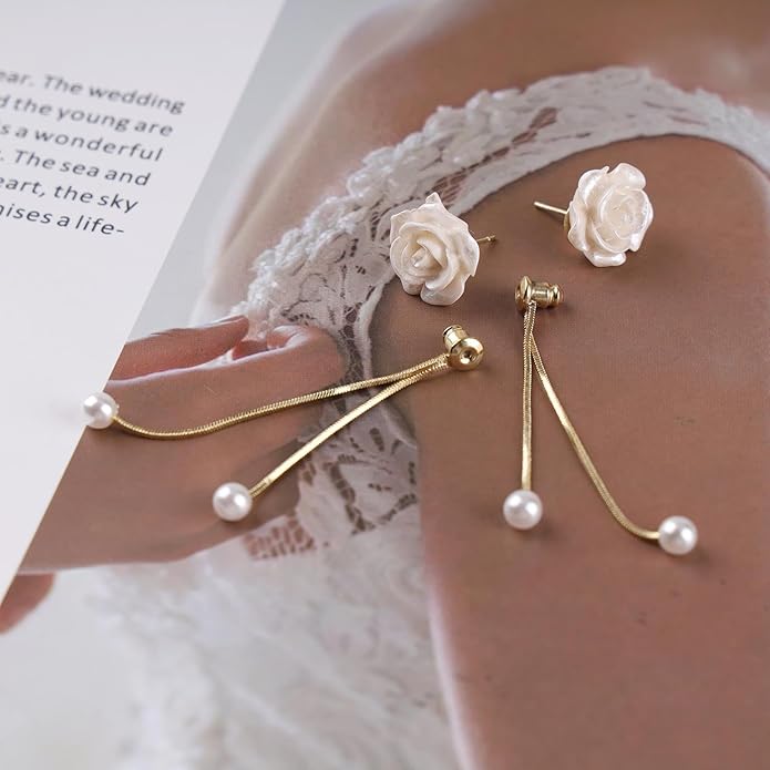 Vintage Flower Pearl Drop Earrings Long Tassel Pearl Earrings White Camellia Stud Earring Gold Pearl Chain Dangle Earrings Jewelry for Women-VivaGrace Women