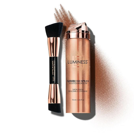 LUMINESS Silk Airbrush Spray Foundation & Buffing Brush Kit – Full Coverage Foundation & Dual-Sided Buffing Brush - Buildable Coverage, Anti-Aging Formula Hydrates & Moisturizes (Shade - Light Rich)-VivaGrace Women
