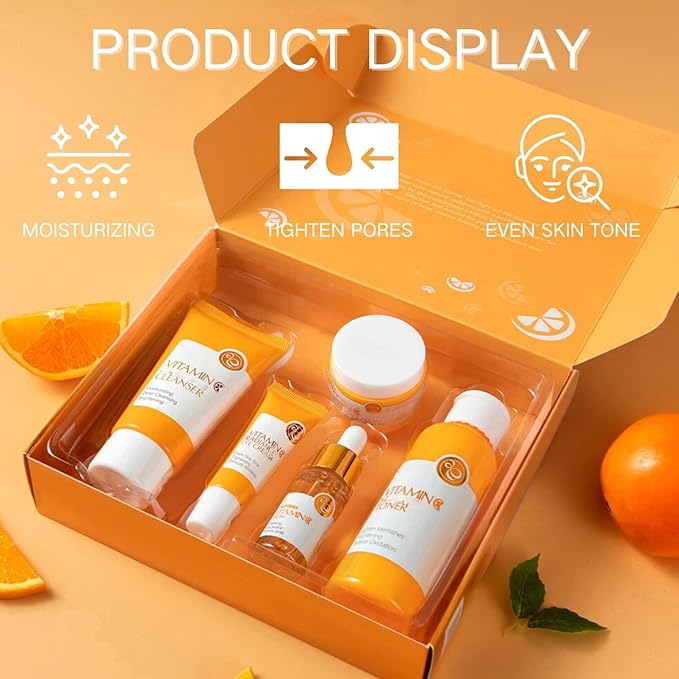 Vitamin C Skincare Set, 5Pcs Skincare Gift Set With Cleanser, Toner, Face Serum, Face Cream, And Eye Cream, Facial Kit for Women, 5-In-1 Skin care Gift Set, Moisturizing Skincare Set For Women Men-VivaGrace Women