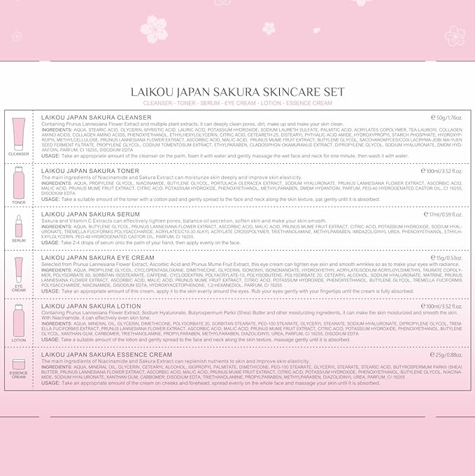 Skin Care Set JAPAN SAKURA Women Beauty Gift Sets Skin Care Kit with Cleanser, Toner, Lotion, Serum, Eye Cream, Face Cream Travel Kit for Women Teen Girls Mom Daughter TSA-friendly Sizes 6pcs-VivaGrace Women