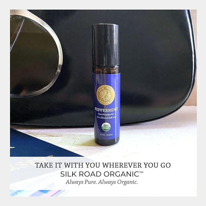 Silk Road Organic Peppermint Essential Oil Roll On, Mentha Piperita, 100% Pure USDA Certified Aromatherapy - Headache, Morning Sickness, Nausea, Energy & Hair - 10 ml Roller-VivaGrace Women