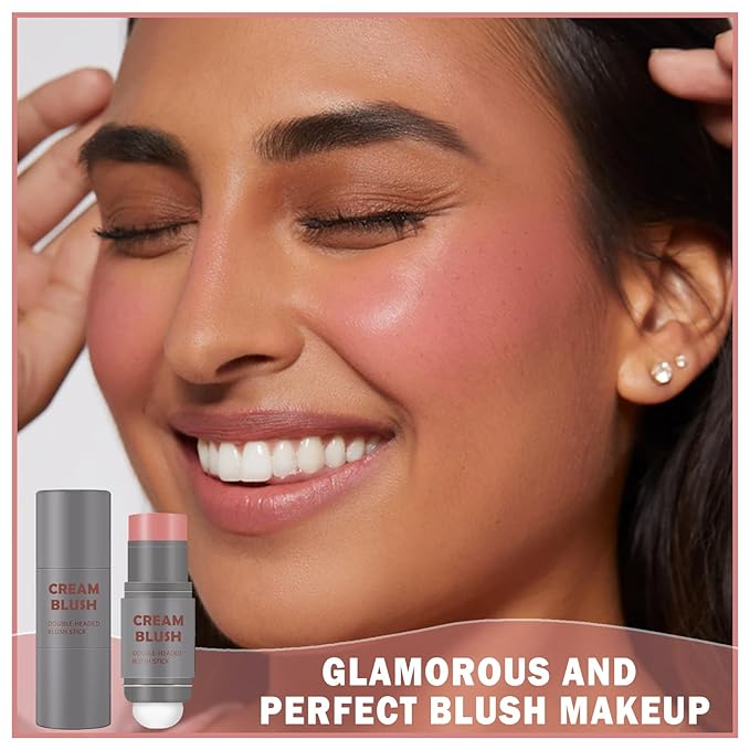 Cream Blush Stick with Sponge 3 in 1 Multi-Use Blush Makeup Stick Long Lasting Waterproof Natural Matte Cream Blush Stick for Cheeks, Lips and Eyes - Rose Red-VivaGrace Women