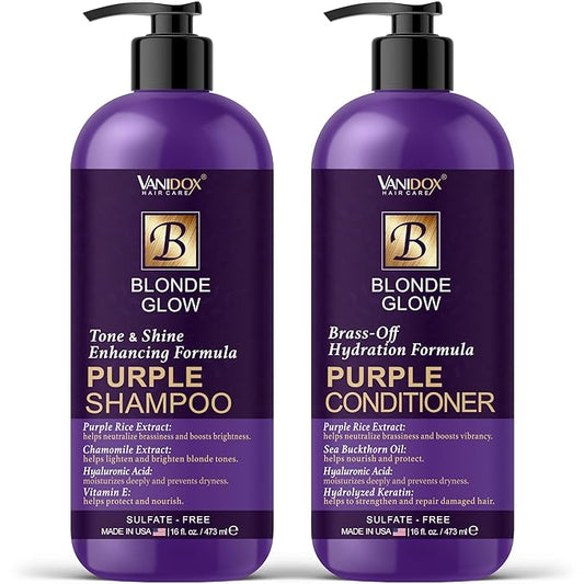 Sulfate Free Brass Toning Purple Shampoo and Conditioner Set for Blondes, Brown Highlighted, or Bleached Hair, Shampoo for Blondes Infused with Purple Rice Extract (16 fl oz each)-VivaGrace Women