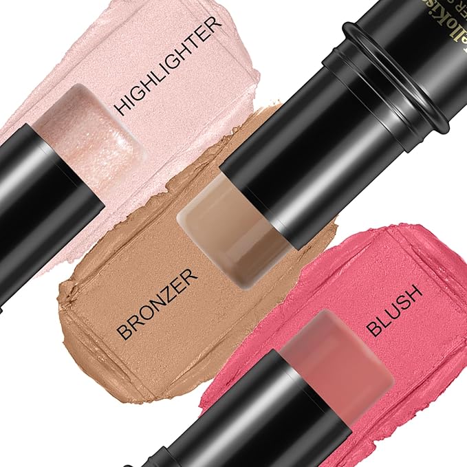 3 Pcs Face Contour Stick Kit, Matte Finish Face Stick Trio with Bronzer Blush Highlighter and Brush, Long Lasting Waterproof Cream Beauty Wand Makeup Set for Sculpt Glowing Face Look (#3, 9, 12)-VivaGrace Women