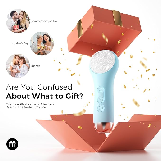 Facial Cleansing Brush: Rechargeable LED Electric Face Cleansing Brush with 4 Gentle Light Liquid Silicone Modes Face Scrubber Exfoliator,IPX7 Waterproof Ideal Gift for Men and Women-Blue-VivaGrace Women