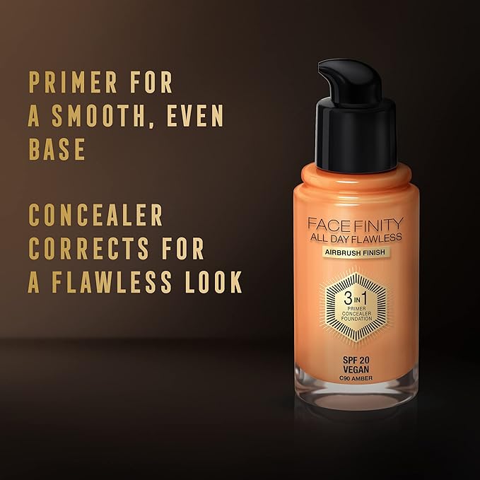 Max Factor Facefinity 3-in-1 All Day Flawless Liquid Foundation, SPF 20-90 Amber, 30 ml-VivaGrace Women