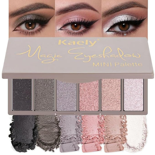6 Colors Travel Eye Shadow Palette Makeup, Black Dark Smoky Grey Nude Pink Rose Champagne Gold Pearl White Sparkly Shimmer Glitter High Pigment Mini Eyeshadow Palette for Older Women, Built in Mirror-VivaGrace Women