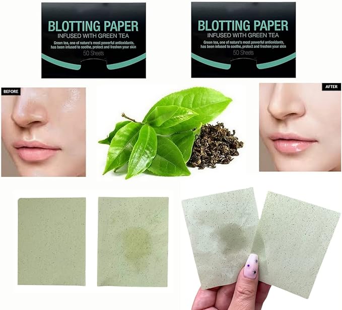 2 Pks GREEN TEA INFUSED Soothing Natural Abaca Blotting Paper - 100 Oil Blotting Sheets - Makeup Friendly UNISEX Oily Skin Shine Blotter Photography Zoom Meetings Travel Gym School - MADE IN TAIWAN-VivaGrace Women