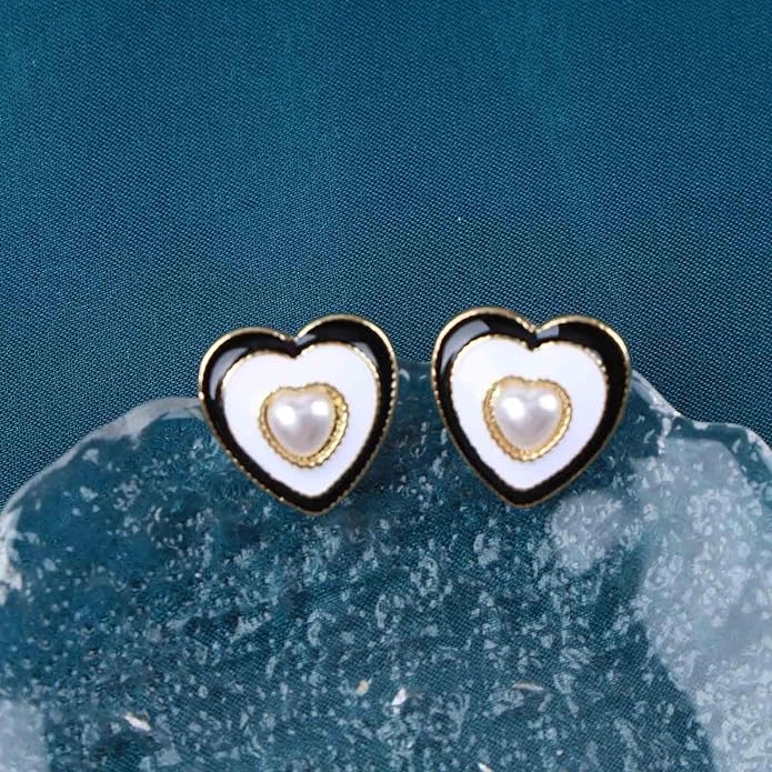 Vintage Pearl Heart Stud Earrings Enamel Heart Earrings Heart Love Earrings White Minimal Earrings Jewelry for Women-VivaGrace Women