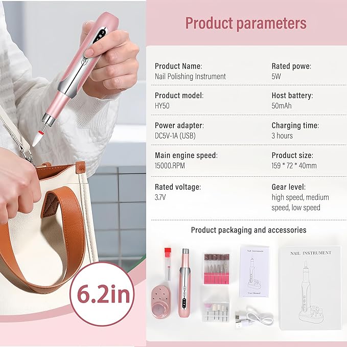 Electric Nail Drill File Cordless,Portable Rechargeable Nail File Kit for Acrylic & Gel Nails,Professional Efile for Manicure Pedicure Polishing,with 12 Nail Drill Bits 31 Sanding Bands,Rose Gold-VivaGrace Women