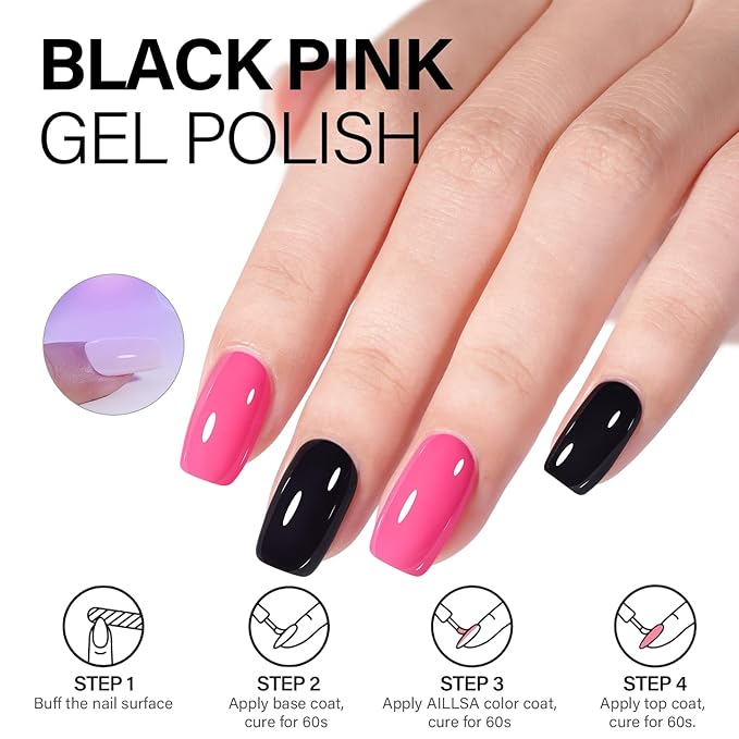 AILLSA Pink Gel Nail Polish Set Black Hot Pink Gel Polish with Base and Top Coat, Long Lasting Summer All Season Color Soak Off U V L ED Manicure Art Salon DIY at Home 7Pcs 8ML