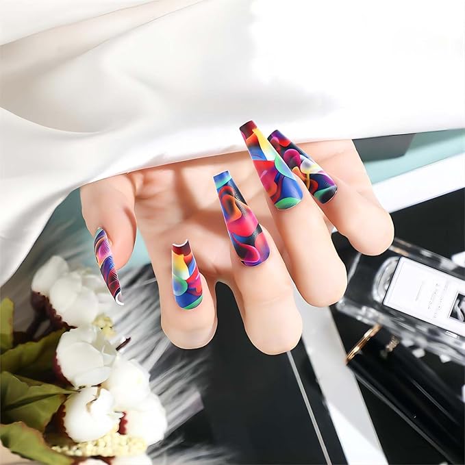 Acrylic Press on Nails Long Coffin Fake Nails with Nails Glue Long Ballet False Nails with Water Ripple Rainbow Designs Colorful Full Cover Artificial Nails Press Ons Stick on Nails 24Pcs