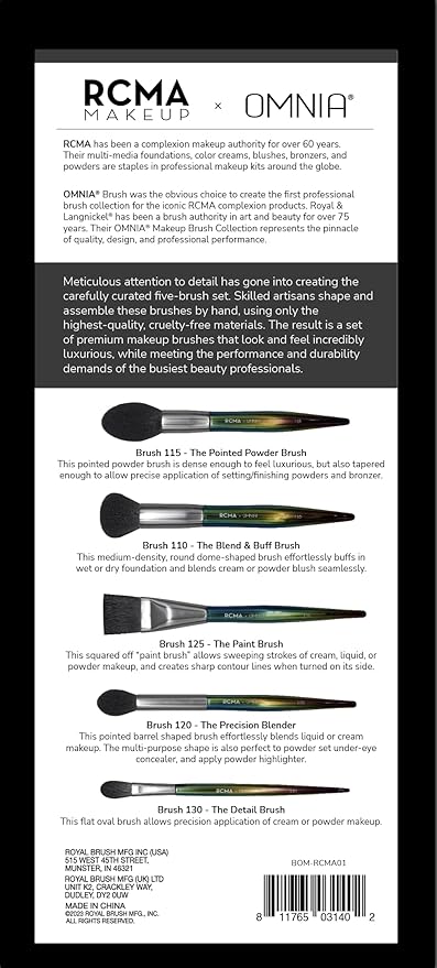 RCMA Makeup x Omnia Professional Makeup Brush 5pc Set, Premium Synthetic Fiber, Iridescent Acrylic Handle, Face Powders, Complexion and Foundation Blending Application Brush set.-VivaGrace Women