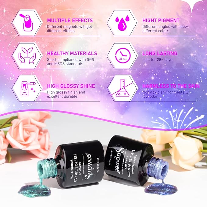 Cat Eye Gel Nail Polish with Magnet 9D Galaxy Cateye Manicure Soak Off UV DIY Salon Home Gift 12 Colors 7ml(0.24fl oz)
