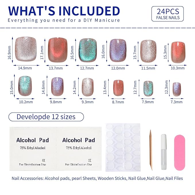 Spring Press on Nails Short Square Four-Color Combination Cat Eye Press on Nails Fashion Gel Fake Nails, Reusable Acrylic Fake Nails Glossy Stick on Nails for Women Glue on Nails Kit, Iridescent Jewel