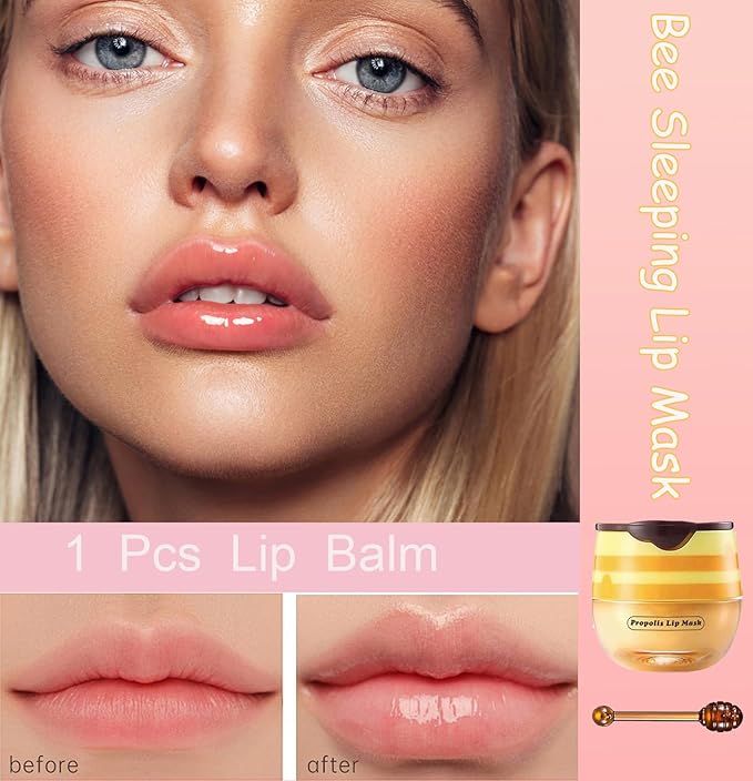 1 PCS Bee Lip Balm Honey Pot, Exfoliating Honey Bee Lip Balm Sleeping Lip Mask Overnight with Sticks, Honey Pot Lip Balm Prevention Dry Hydrating and Crack Lip Scrubs-VivaGrace Women