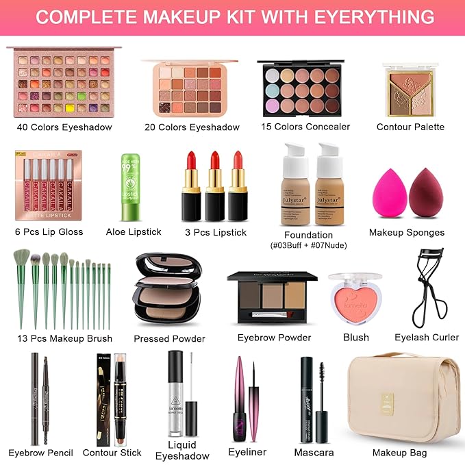 All in One Makeup Kit for Women Full Kit, Professional Travel Makeup Kit for Women & Teens, Foundation Eyeshadow Lipstick Brow Pencil Eyeliner Contour Powder, Complete Make Up Gift Set for Beginners-VivaGrace Women