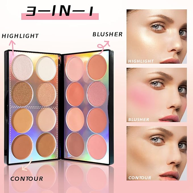 16 Colors Blush Contour Highlighter Makeup Palette, All-in-One Shimmer Silky Matte Mineral Blush Powder Palette, Face Sculpting Bronzer Blusher Illuminator Palette for a Natural Glowing-VivaGrace Women