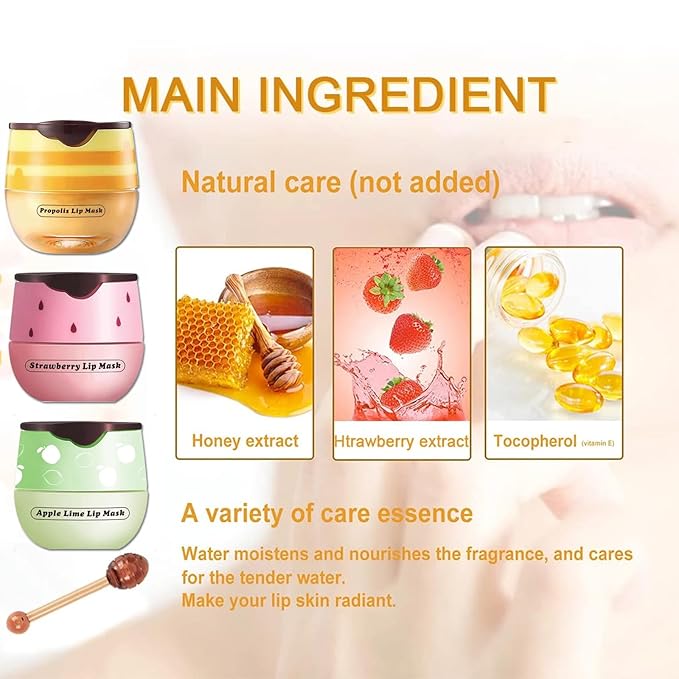 3 PCS Bee Lip Mask Lip Balm Honey Pot, Strawberry & Honey Lip Sleeping Mask Hydrating Prevention Dry and Cracked Lip Scrubs Exfoliator,Lip Mask Overnight Reduces Lip Lines-VivaGrace Women