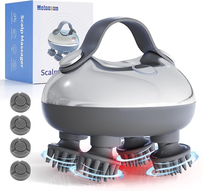 Portable Electric Scalp Massager - Rechargeable IPX7 Waterproof Heated Scalp Massager w/ 100 Kneading Nodes, 3 Speed Modes, 2 Massage Styles, 8 Claws for Scalp/Body Massage & Face Cleaning (SilverïŒ