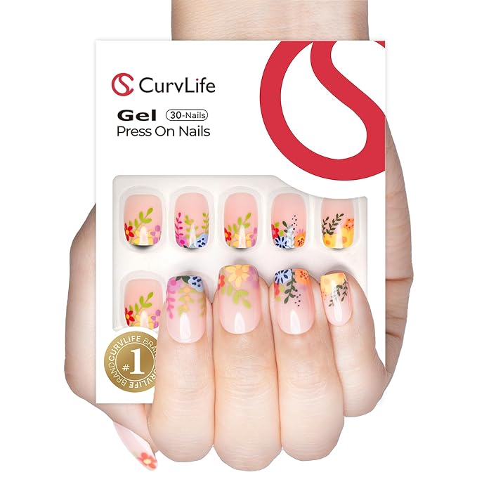 Curvlife Press on Nails Acrylic Fake Nails with Design Full Cover False Nails Reusable Nail Kit with Nail Glue Adhesive Tabs Nail File Artificial Glue on Nails (Nude Flower, 30pcs)