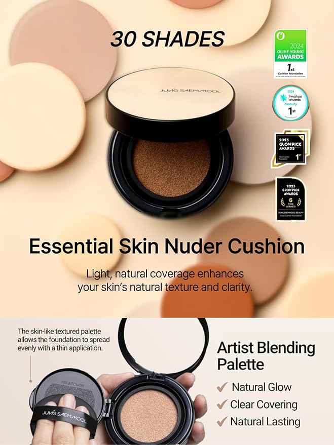 JUNG SAEM MOOL Essential Skin Nuder Cushion 19W Light 0.49 Fl Oz, No Refill, Natural Radiant Finish Cushion Foundation with Buildable Coverage, Lightweight Texture, Korean Foundation Makeup-VivaGrace Women