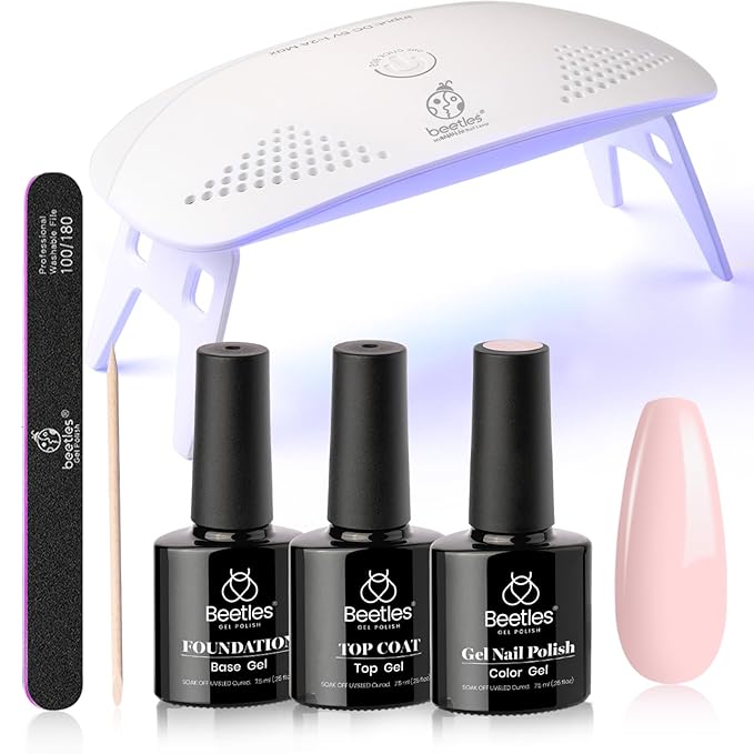 Beetles Nude Pink Gel Nail Polish Kit with UV LED Light Nail Lamp 6 Pcs Starter Kit Base Gel Top Coat Soak Off Nude Pink Polish Set with Nail File for DIY Manicure Gifts for Women