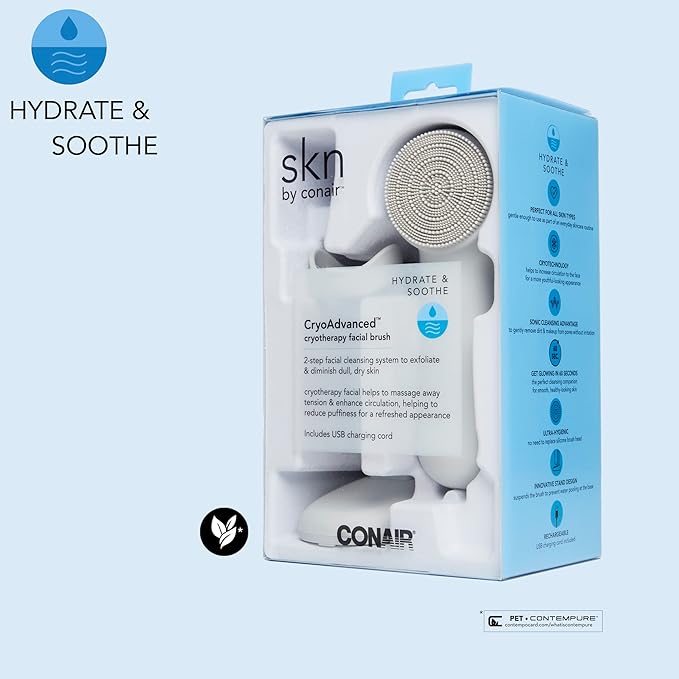 skn by conair Cryotherapy Advanced Facial Cleansing Brush, Featuring Ultra-Hygienic Silicone Brush Head and Cool Plate to Help Soothe Inflammation and Reduce Puffiness-VivaGrace Women