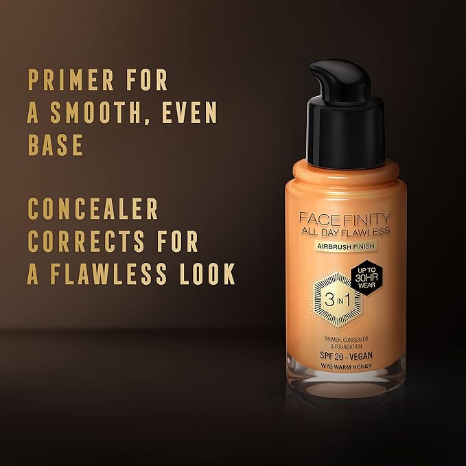 Max Factor Facefinity 3-in-1 All Day Flawless Liquid Foundation, SPF 20-78 Warm Honey, 30 ml-VivaGrace Women